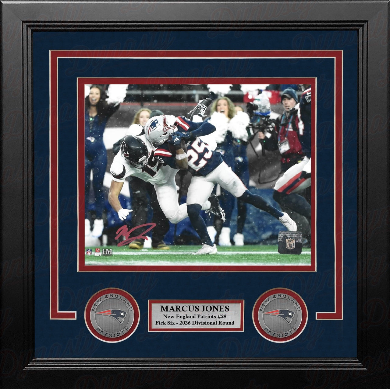 Marcus Jones New England Patriots Signed Pick Six 8" x 10" Framed Photo - Red Signature