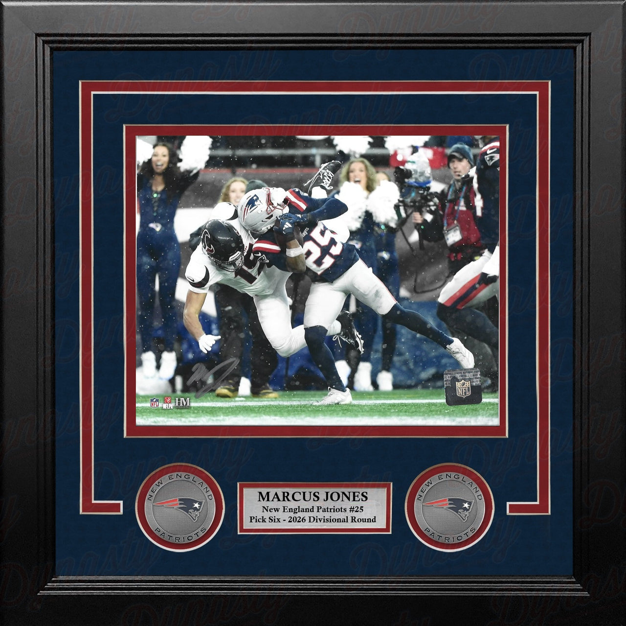 Marcus Jones New England Patriots Signed Pick Six 8" x 10" Framed Photo - Silver Signature