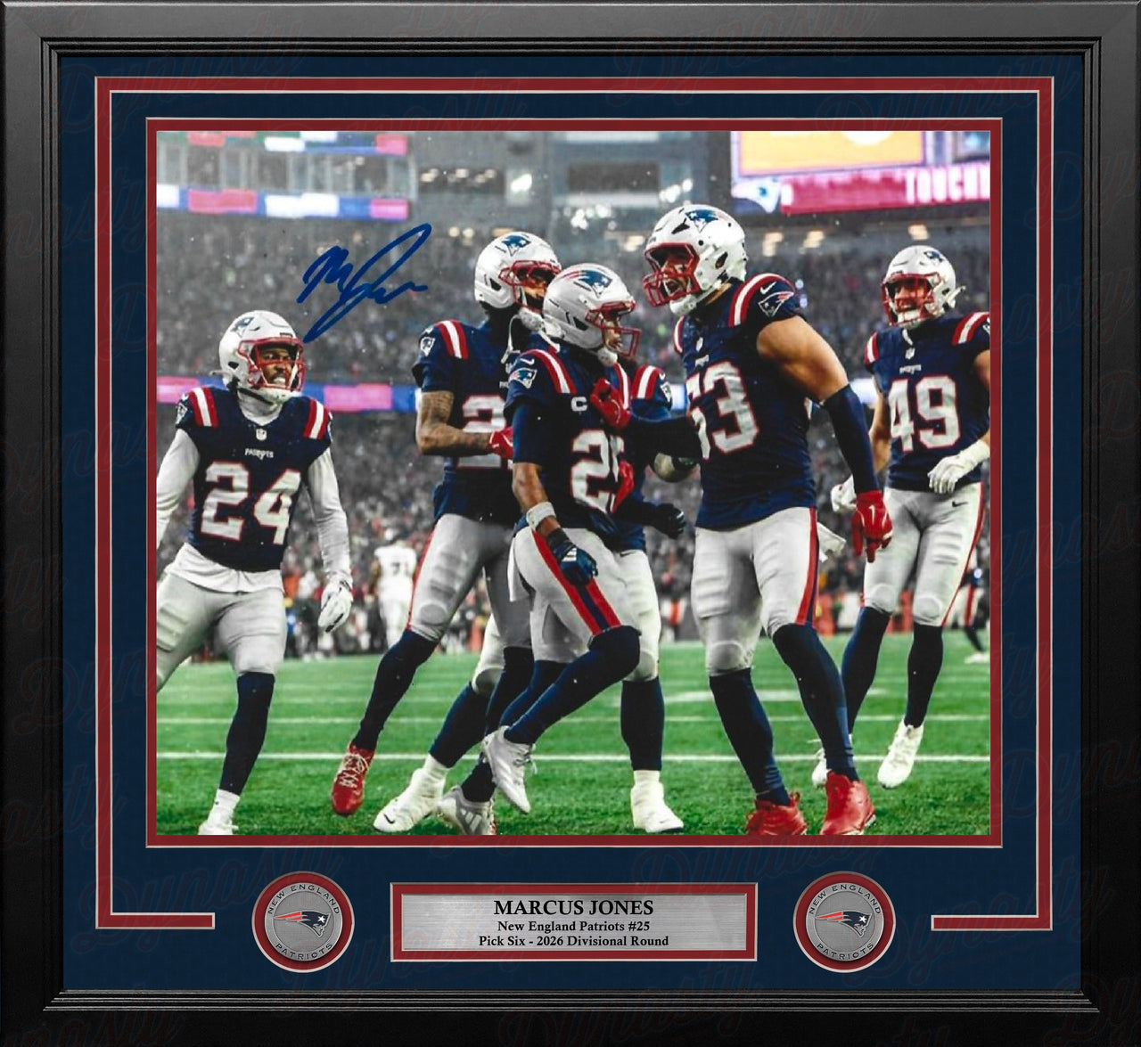 Marcus Jones New England Patriots Signed Pick Six Celebration 11" x 14" Framed Photo