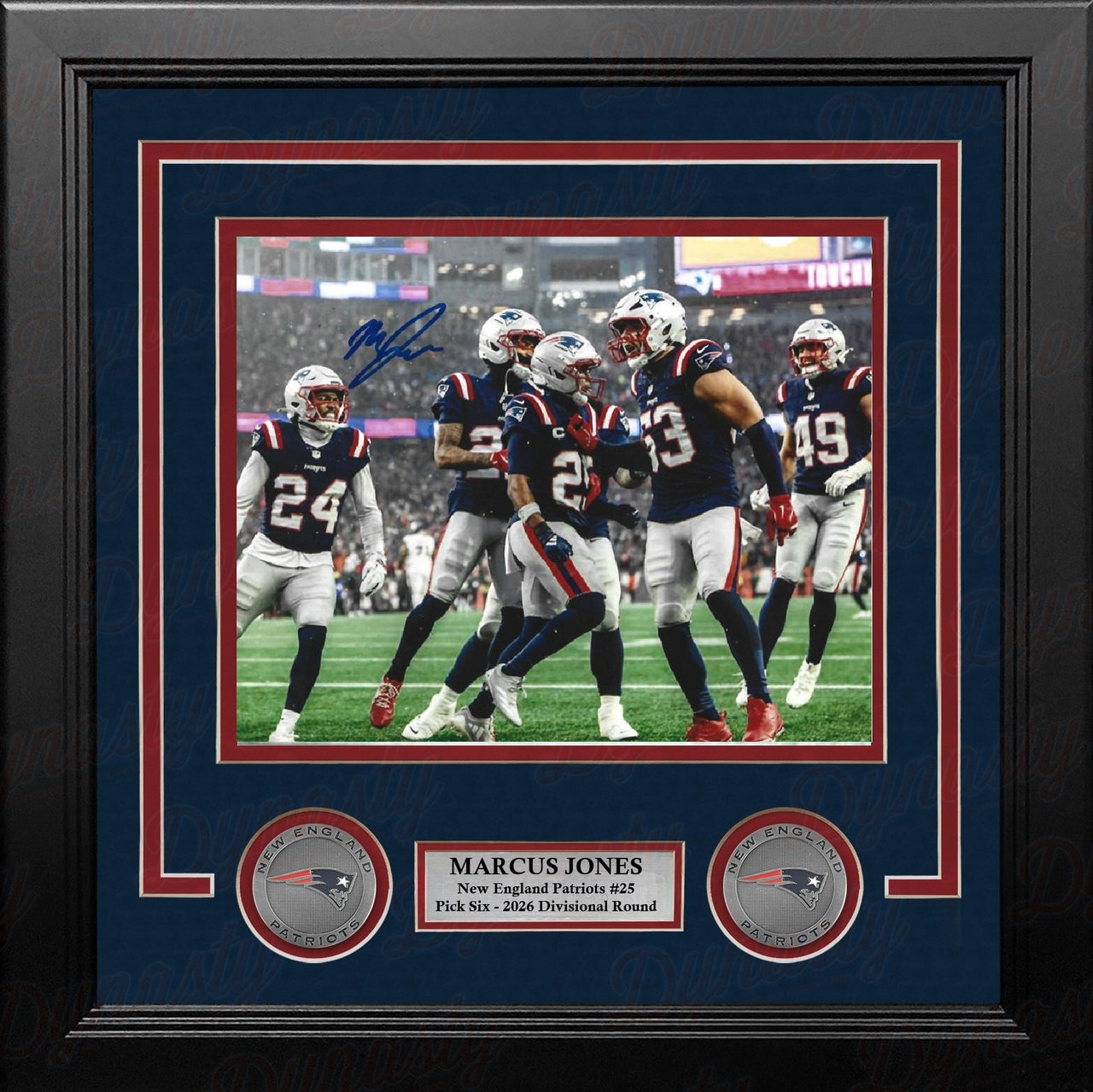 Marcus Jones New England Patriots Signed Pick Six Celebration 8" x 10" Framed Photo