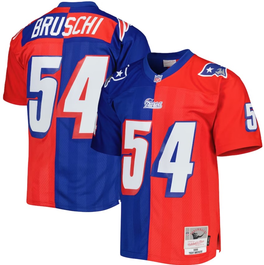 Tedy Bruschi New England Patriots Mitchell & Ness Royal/Red 1996 Split Legacy Jersey