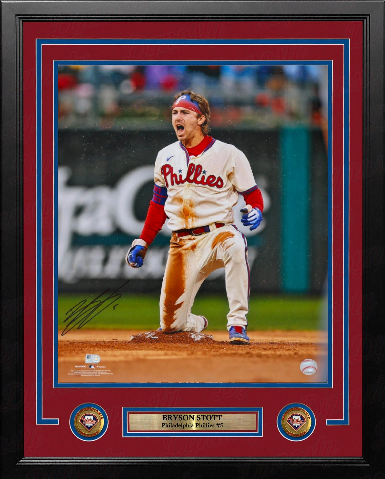 Bryson Stott On-Base Celebration Philadelphia Phillies Autographed 16" x 20" Framed Baseball Photo