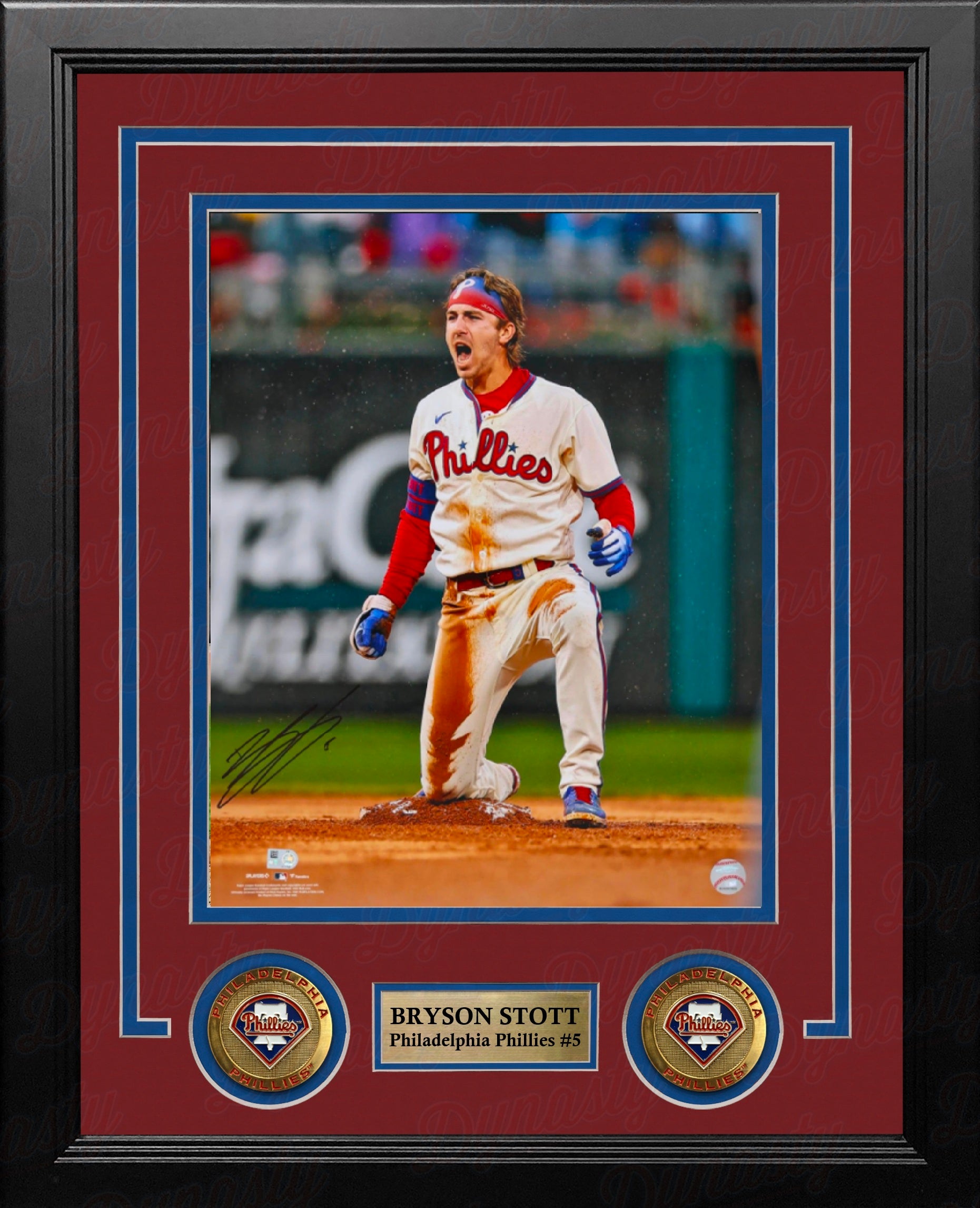 Bryson Stott On-Base Celebration Philadelphia Phillies Autographed 8" x 10" Framed Baseball Photo - Dynasty Sports & Framing 