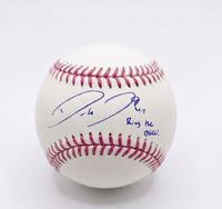 An autographed baseball from Philadelphia Phillies star Derek Hill with blue ink signatures and the text 'Ring the Bell!' on a clean white background.