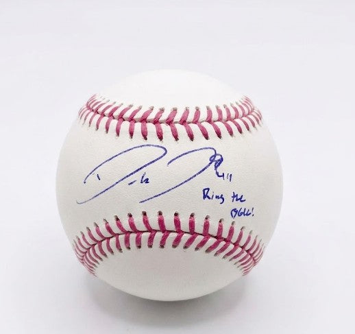 An autographed baseball from Philadelphia Phillies star Derek Hill with blue ink signatures and the text 'Ring the Bell!' on a clean white background.
