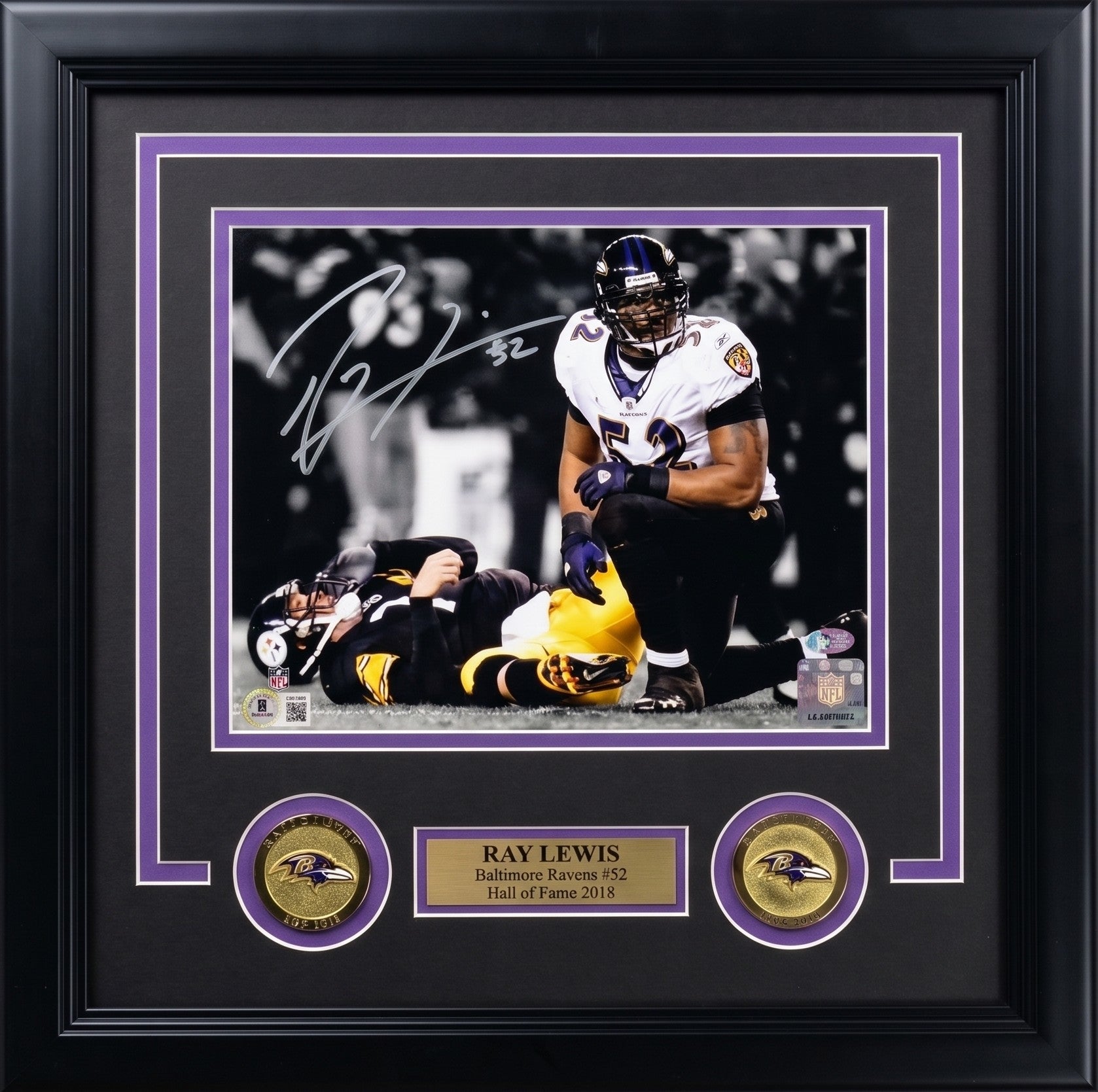 Ray Lewis Over Roethlisberger Baltimore Ravens Autographed 8" x 10" Framed Photo