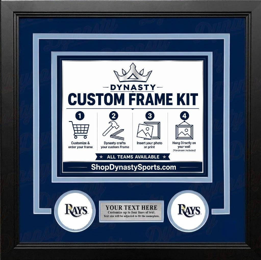 Tampa Bay Rays Custom MLB Baseball Picture Frame Kit with Navy Blue Matting, Powder Blue Trim, a Silver Nameplate, and Rays logos