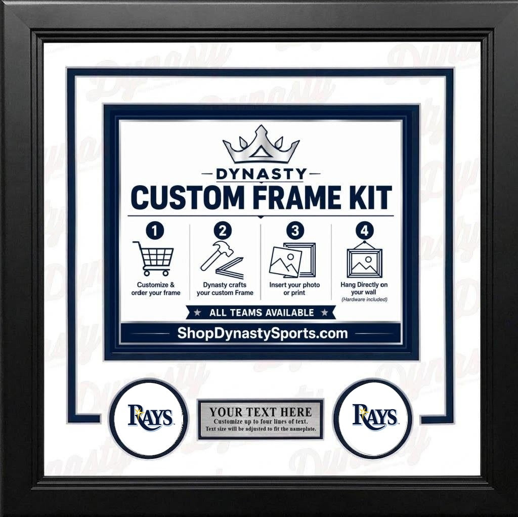 Tampa Bay Rays Custom MLB Baseball Picture Frame Kit with White Matting, Navy Blue Trim, a Silver Nameplate, and Rays logos
