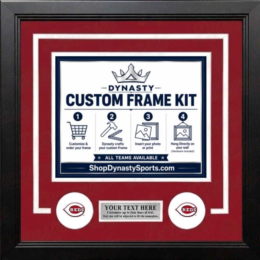 Cincinnati Reds Custom MLB Baseball Picture Frame Kit with Red Matting, White Trim, a Silver Nameplate, and Reds logos