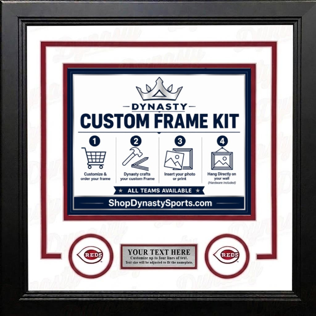 Cincinnati Reds Custom MLB Baseball Picture Frame Kit with White Matting, Red Trim, a Silver Nameplate, and Reds logos