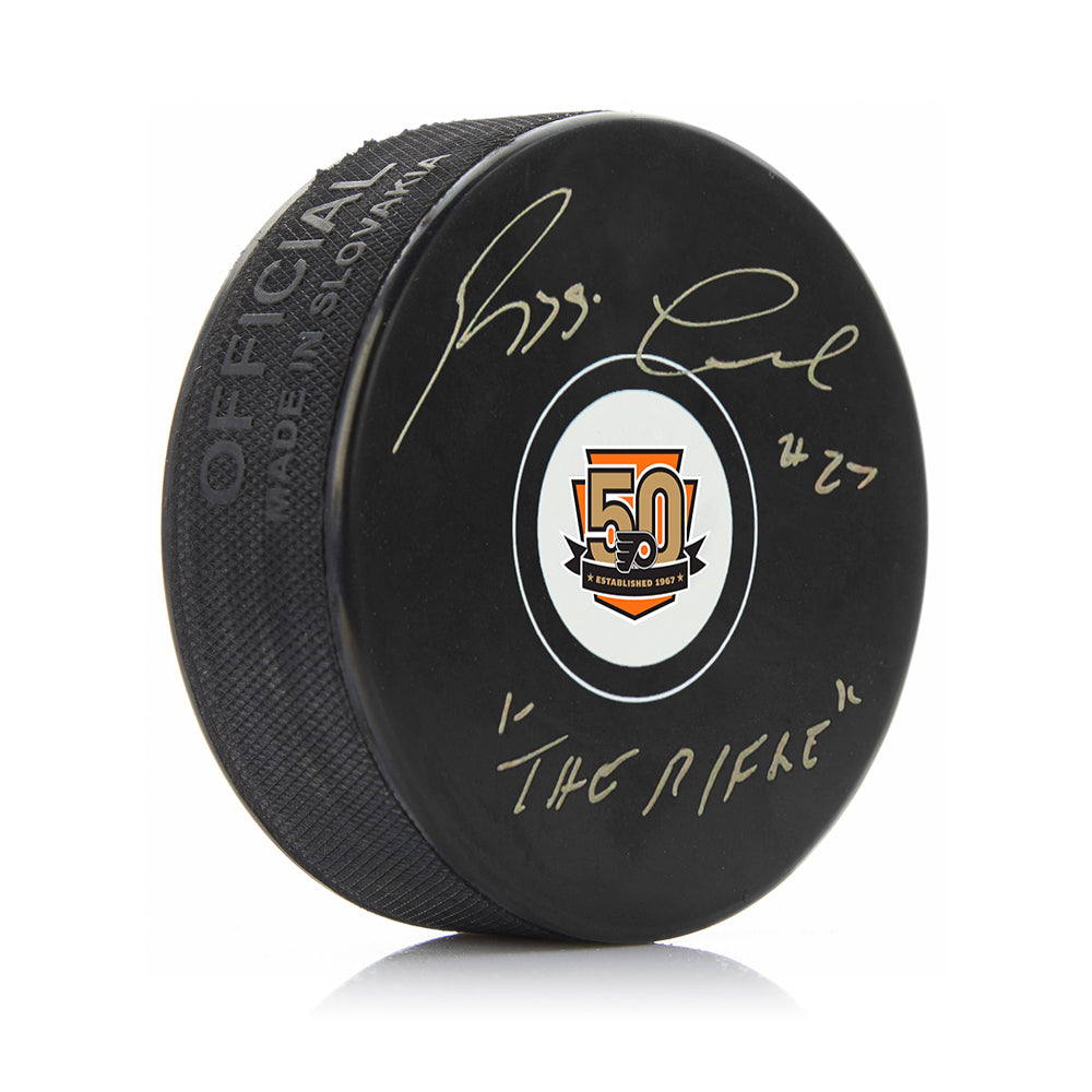 Reggie Leach Autographed Philadelphia Flyers 50th Anniversary Hockey Logo Puck