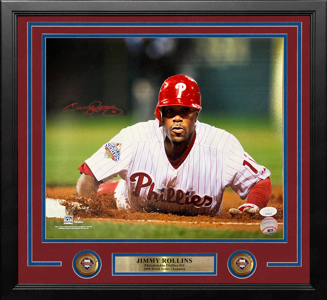 Jimmy Rollins 2008 World Series Slide Autographed Philadelphia Phillies 16x20 Framed Baseball Photo - Dynasty Sports & Framing 