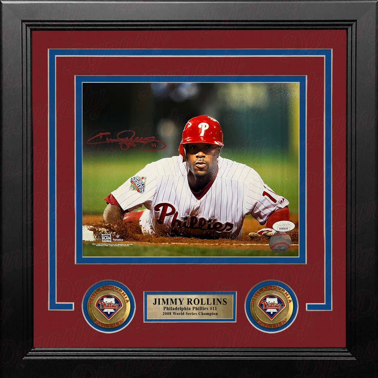 Jimmy Rollins 2008 World Series Slide Autographed Philadelphia Phillies 8x10 Framed Baseball Photo - Dynasty Sports & Framing 