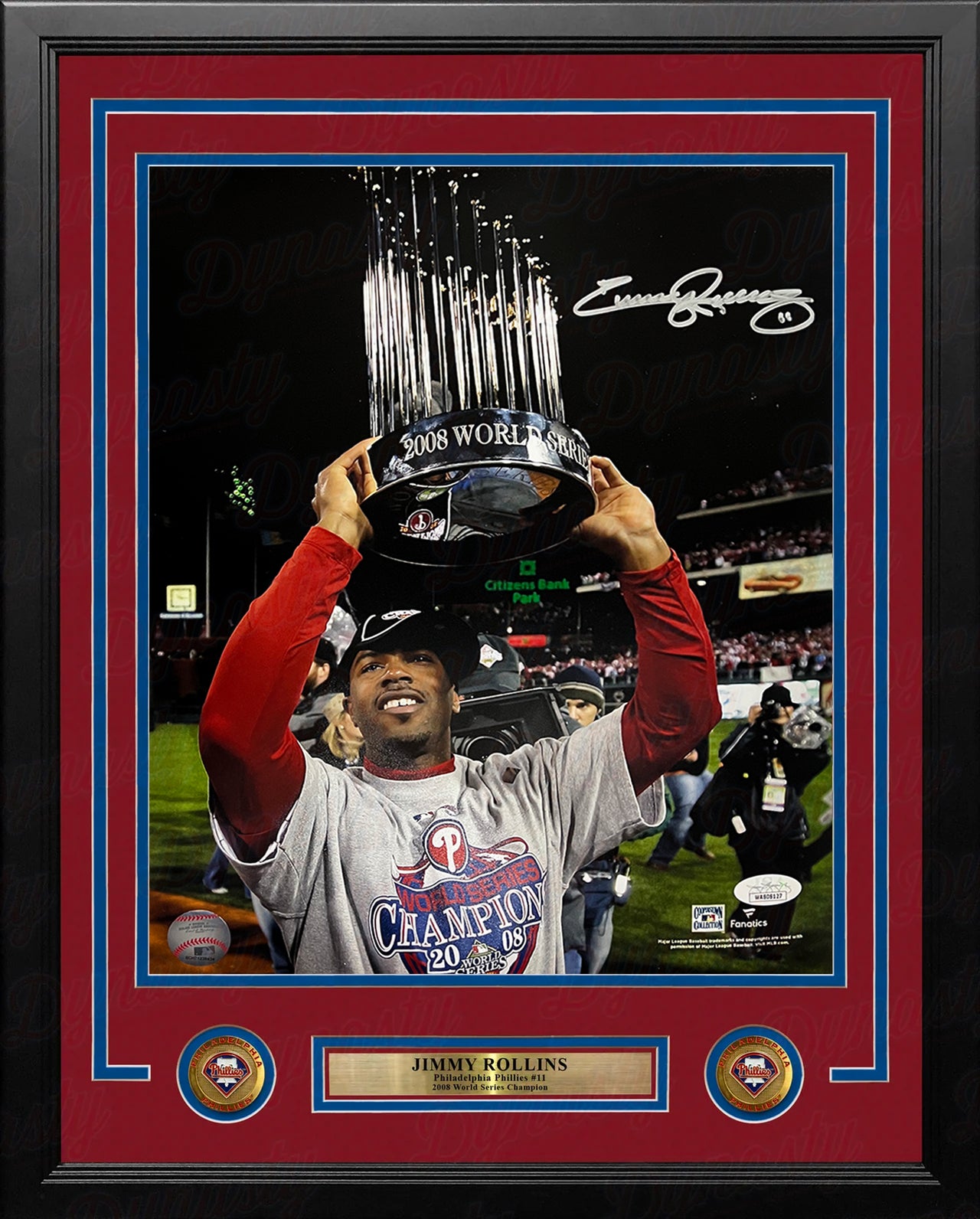 Jimmy Rollins 2008 World Series Trophy Autographed Philadelphia Phillies 11x14 Framed Photo - JSA Authenticated - Dynasty Sports & Framing 