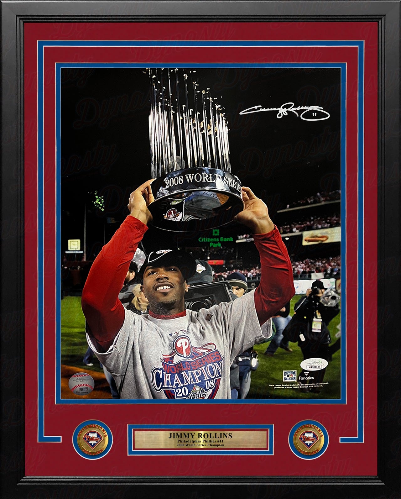 Jimmy Rollins 2008 World Series Trophy Autographed Philadelphia Phillies 16x20 Framed Photo - JSA Authenticated - Dynasty Sports & Framing 