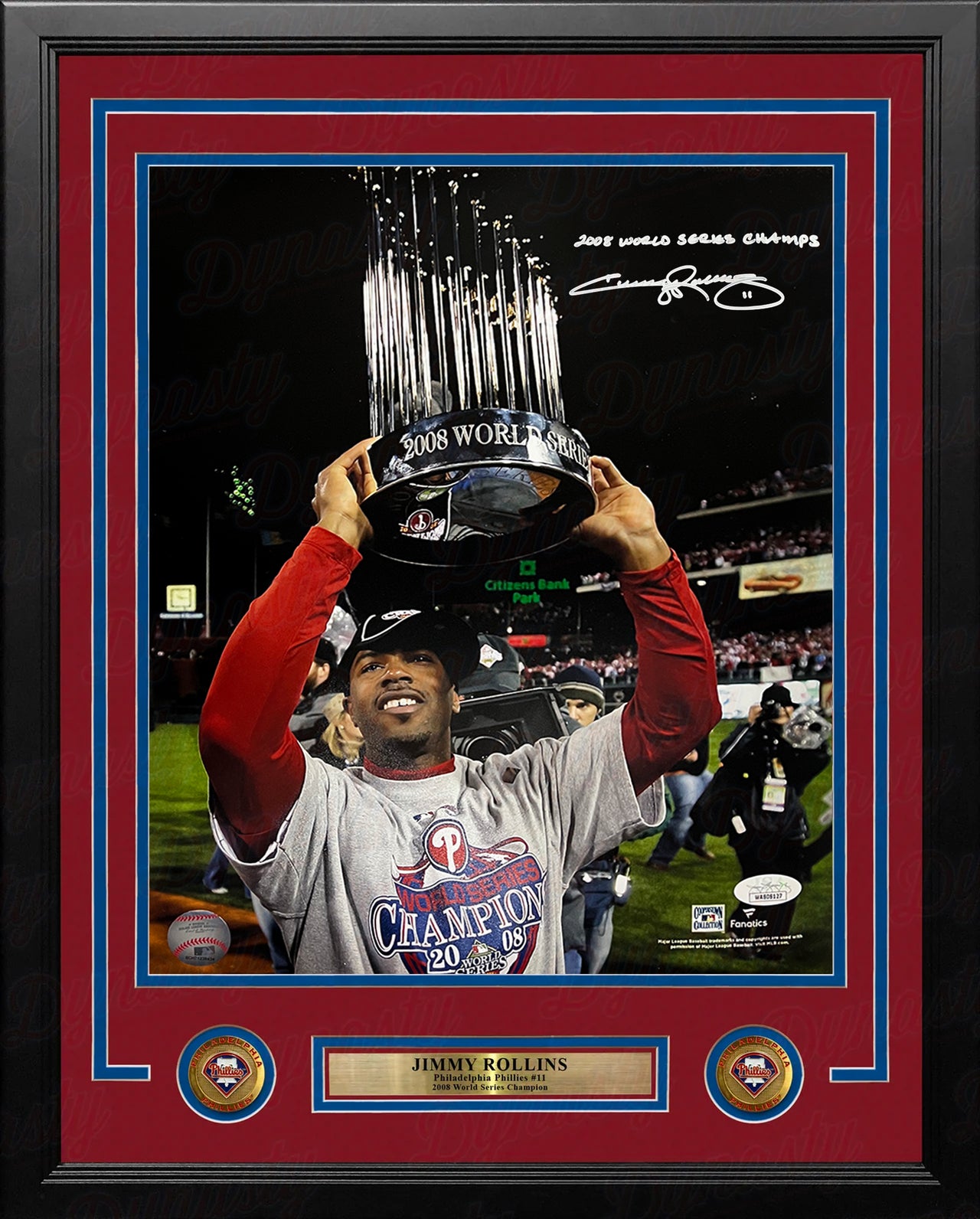 Jimmy Rollins Trophy Autographed Philadelphia Phillies 16x20 Framed Photo: World Series Champs (JSA) - Dynasty Sports & Framing 
