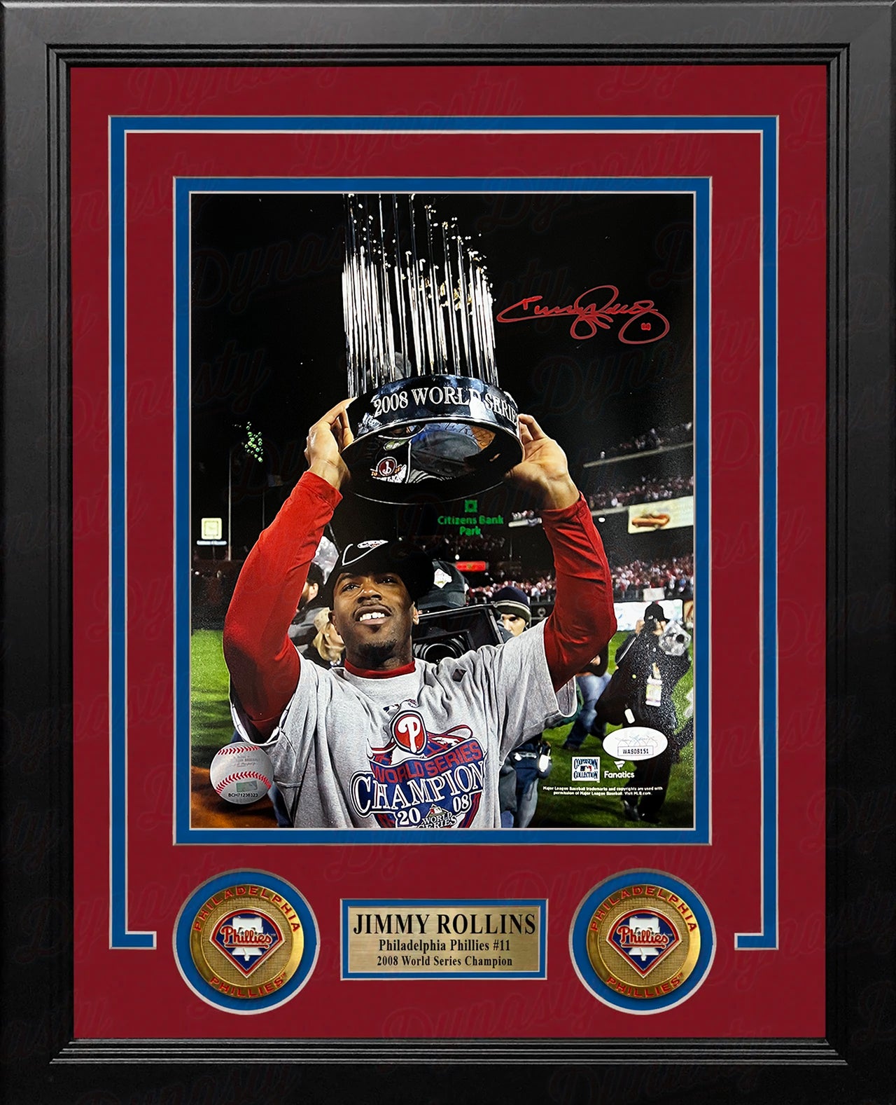 Jimmy Rollins 2008 World Series Trophy Autographed Philadelphia Phillies 8x10 Framed Photo - JSA Authenticated - Dynasty Sports & Framing 