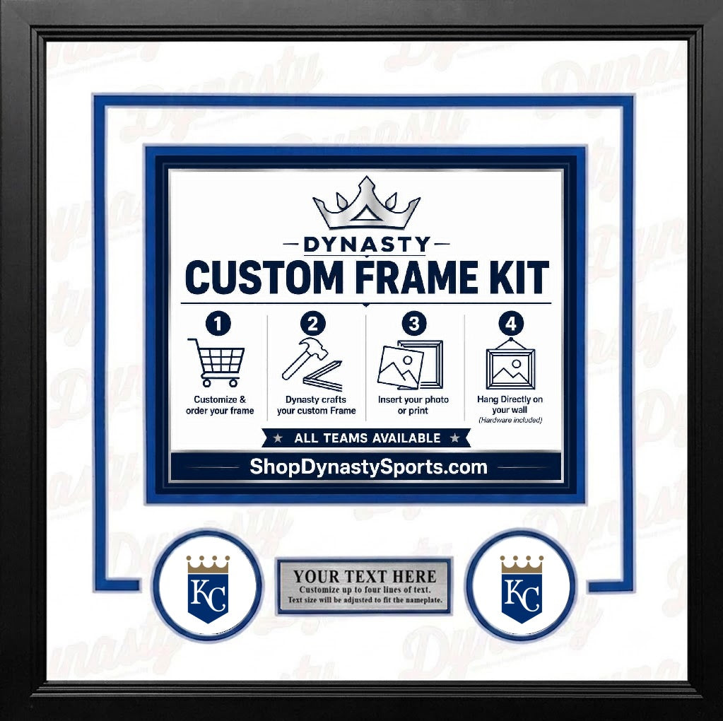 Kansas City Royals Custom MLB Baseball Picture Frame Kit with White Matting, Blue Trim, a Silver Nameplate, and Royals logos