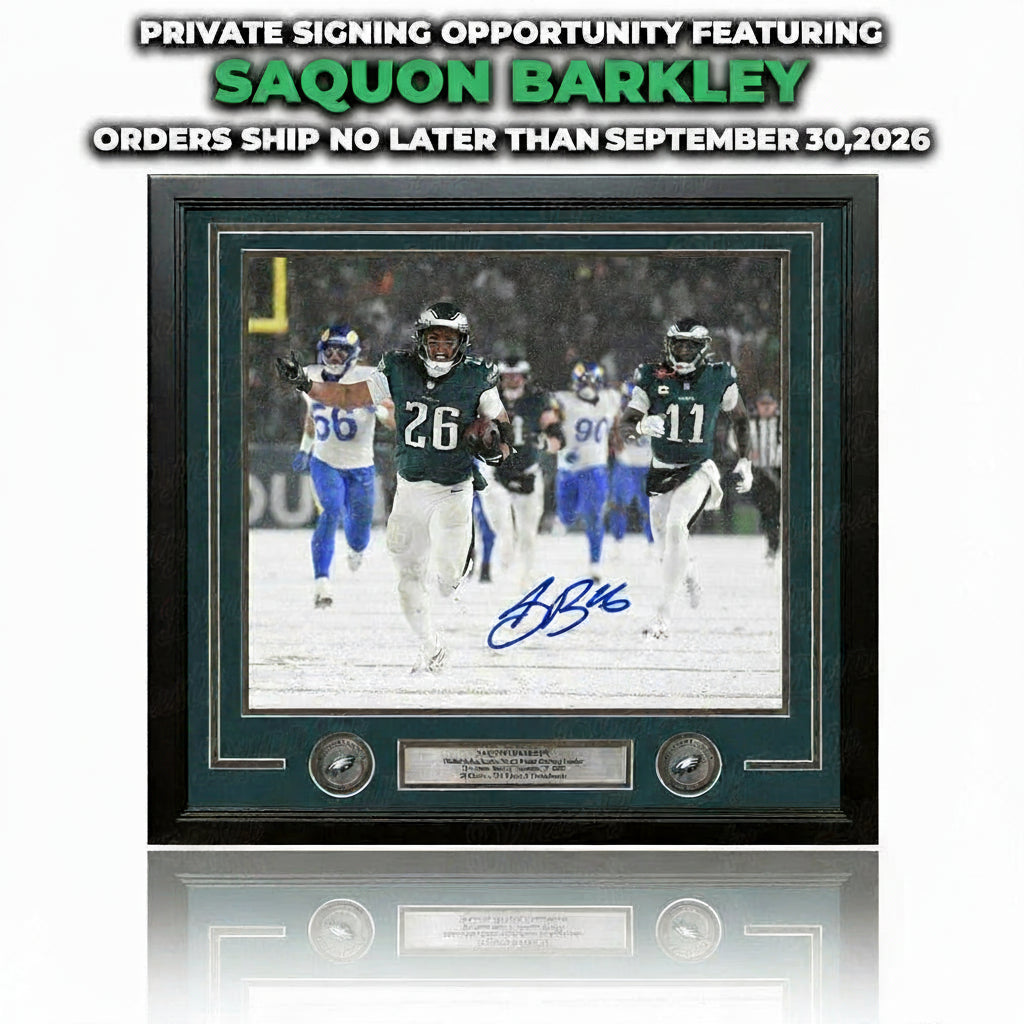 Saquon Barkley Autographed Snow Bowl Playoff Framed Photo | Pre-Sale Opportunity - Dynasty Sports & Framing 