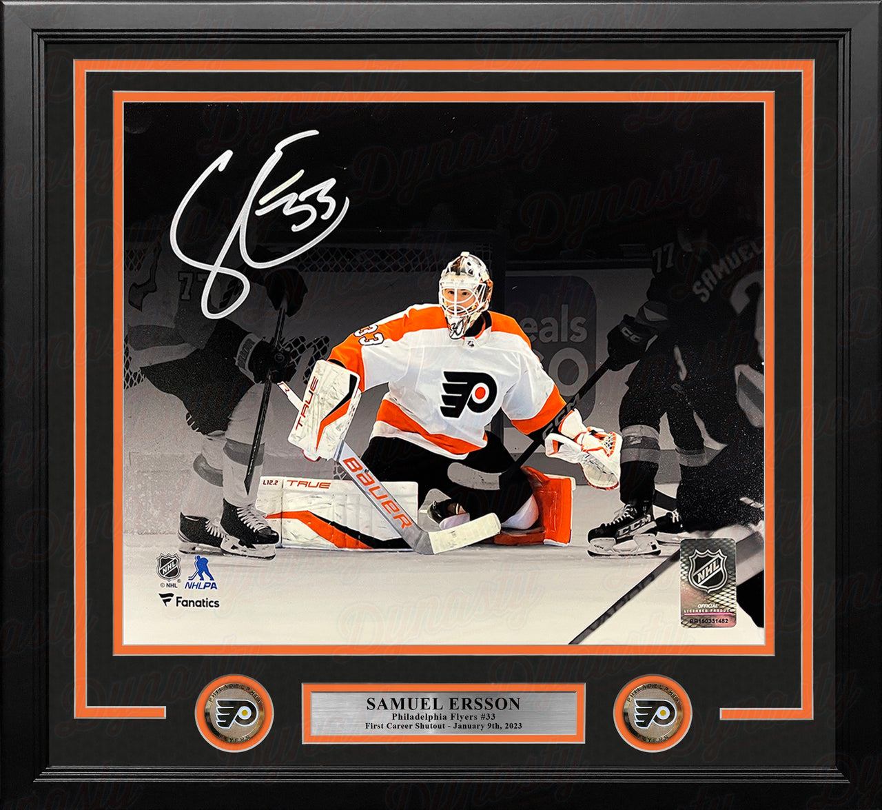 Samuel Ersson First Shutout Philadelphia Flyers Autographed 11" x 14" Framed Blackout Hockey Photo