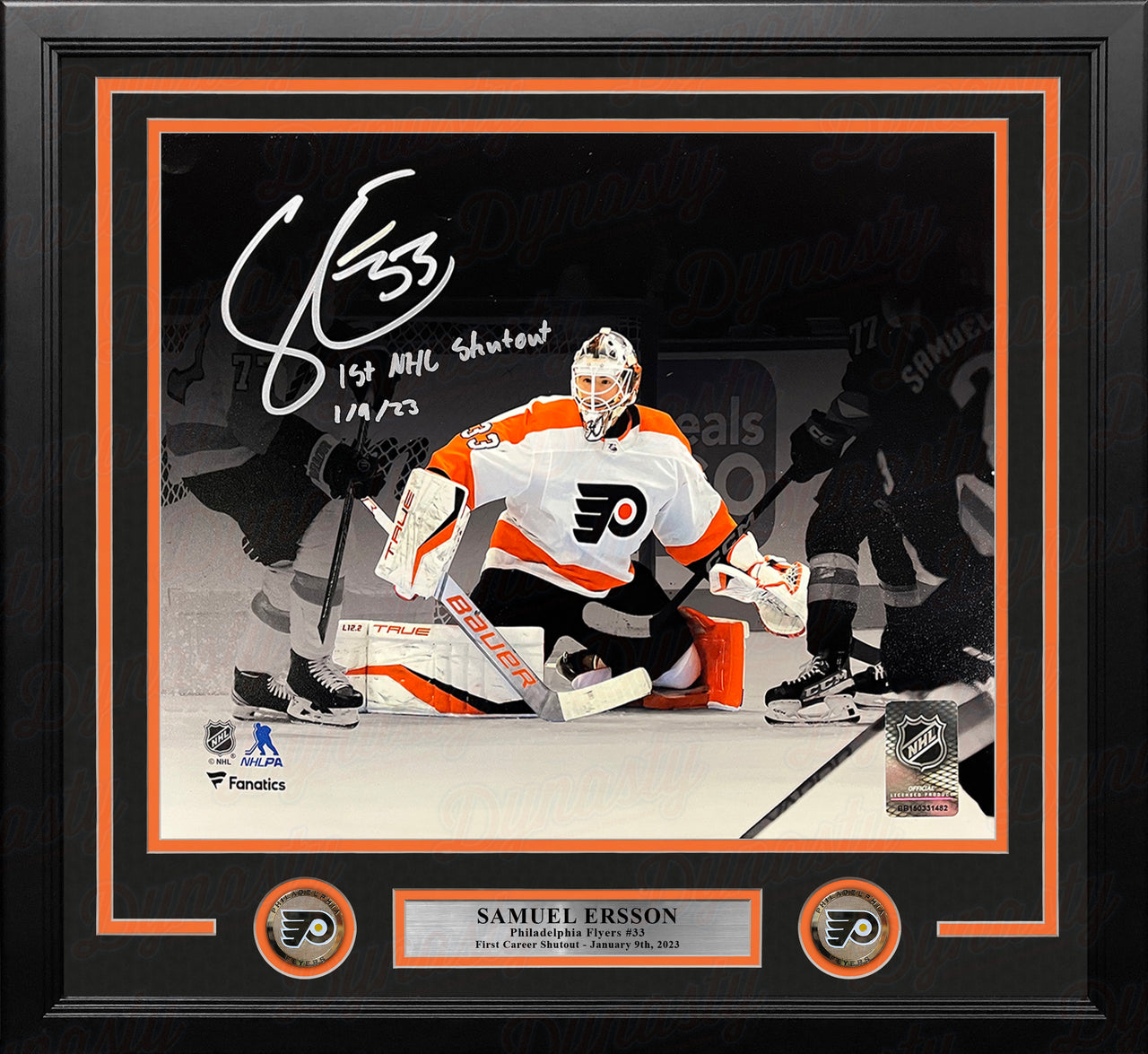 Samuel Ersson First Shutout Philadelphia Flyers Autographed 16x20 Framed Photo Inscribed with Date