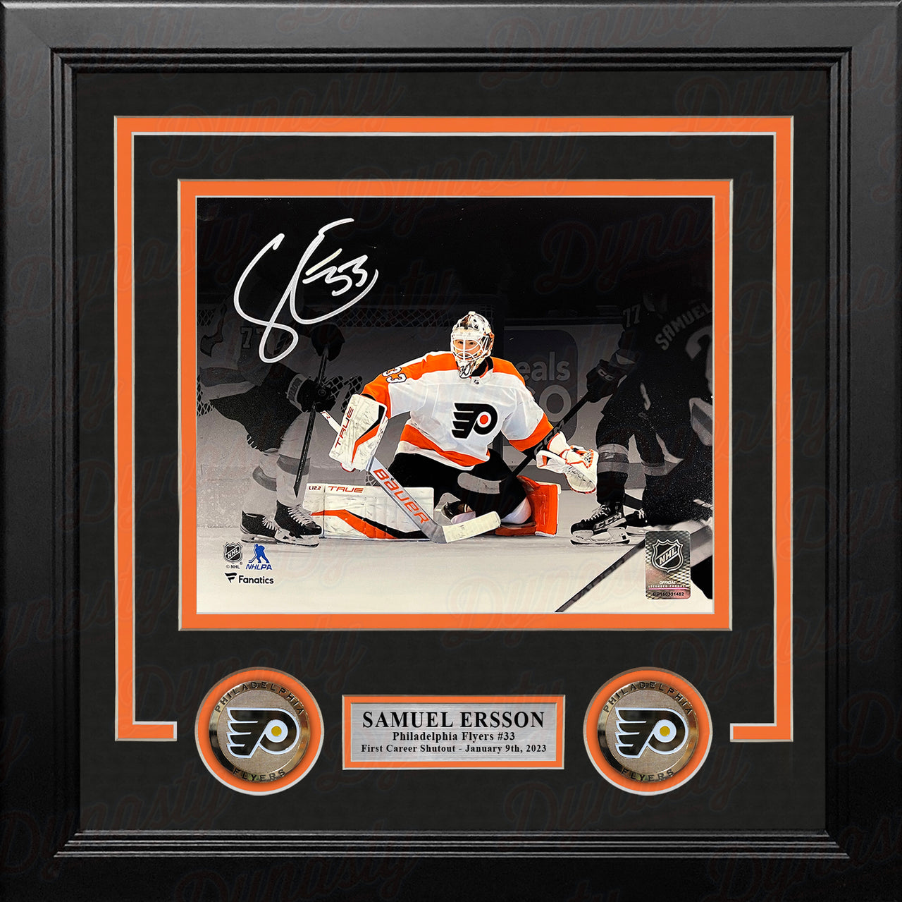 Samuel Ersson First Shutout Philadelphia Flyers Autographed 8" x 10" Framed Blackout Hockey Photo