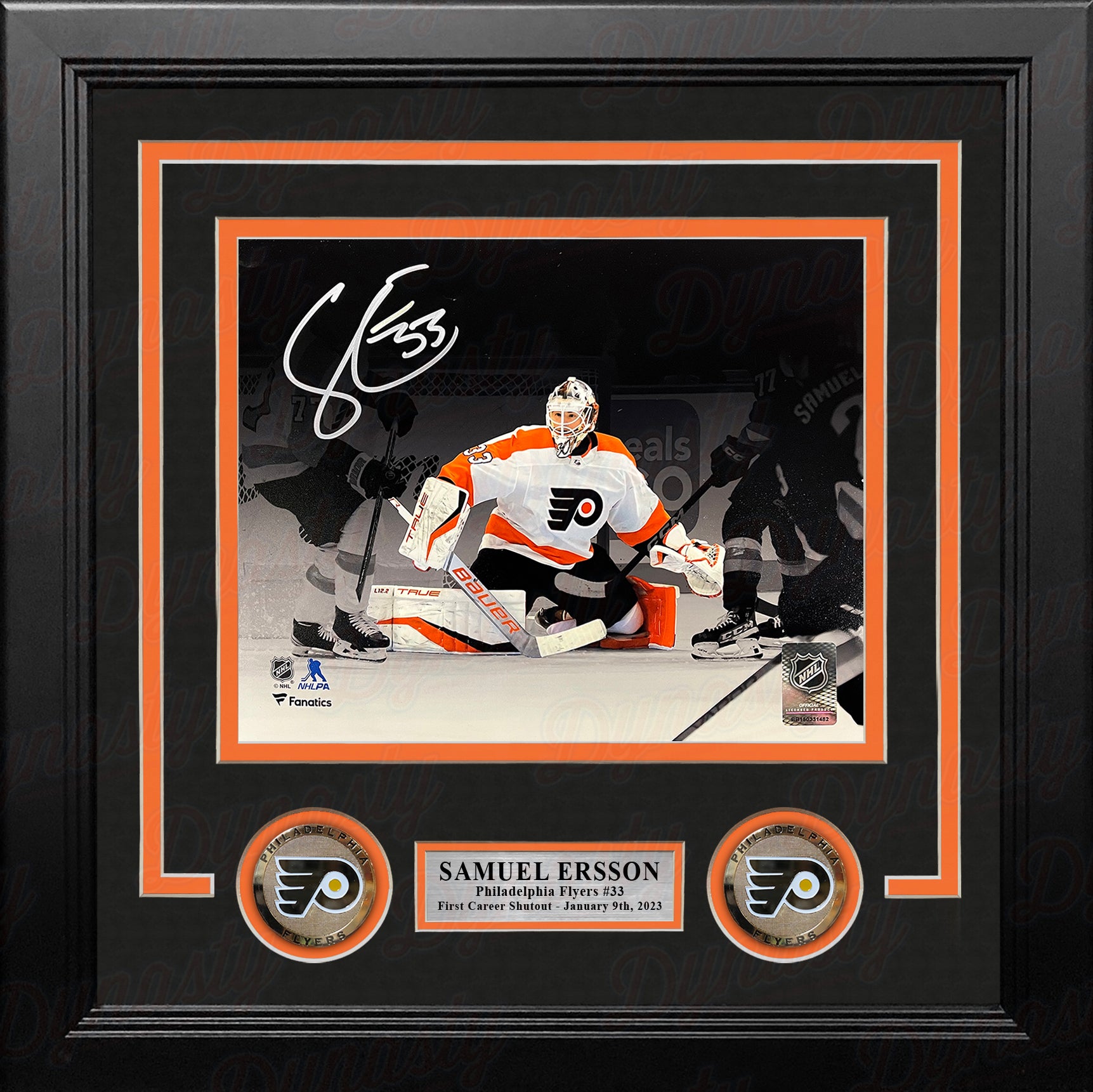 Samuel Ersson First Shutout Philadelphia Flyers Autographed 8" x 10" Framed Blackout Hockey Photo