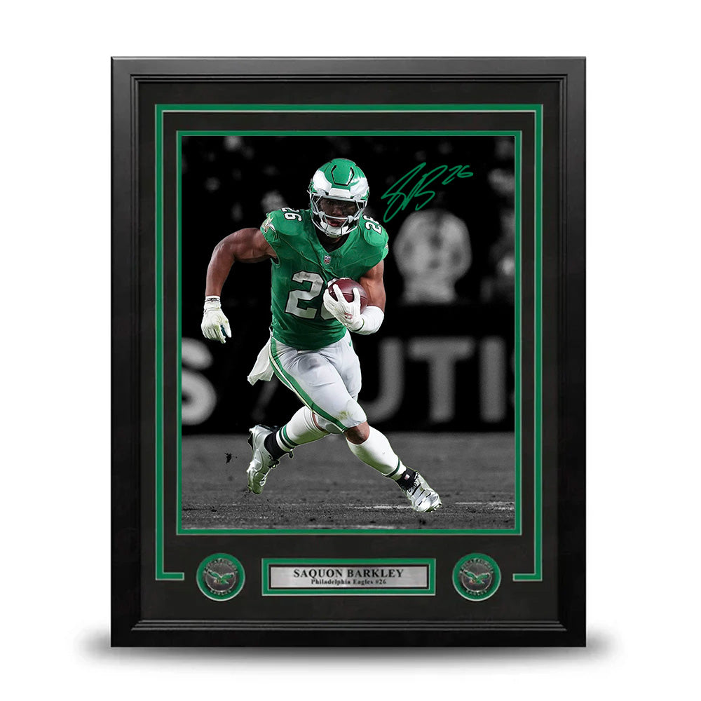 Saquon Barkley Kelly Green Blackout Action Autographed Philadelphia Eagles 11" x 14" Framed Photo