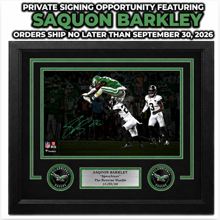 Saquon Barkley Autographed Reverse Hurdle Blackout Framed Photo | Pre-Sale Opportunity