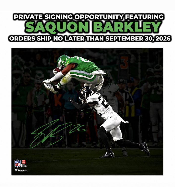 Saquon Barkley Autographed Reverse Hurdle Blackout Photo | Pre-Sale Opportunity