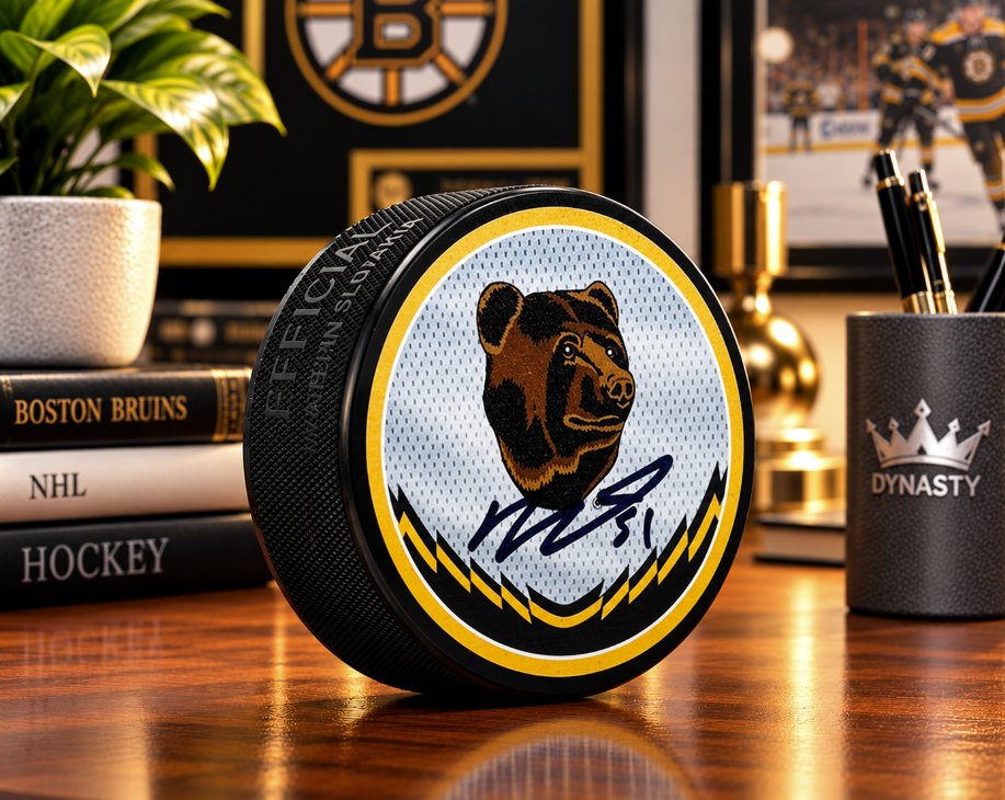 Matthew Poitras Autographed Boston Bruins Reverse Retro Hockey Logo Puck