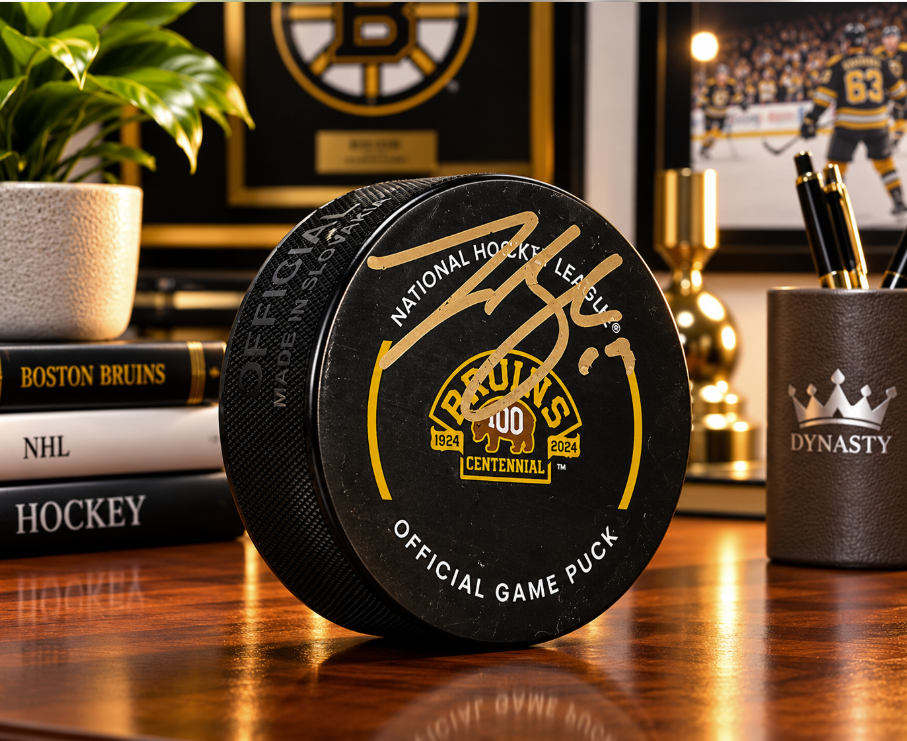 Johnny Beecher Boston Bruins Autographed 100th Anniversary Hockey Game Puck