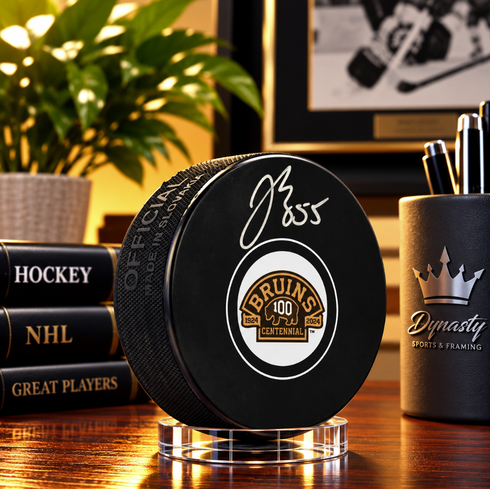 Justin Brazeau Autographed Boston Bruins 100th Anniversary Hockey Logo Puck