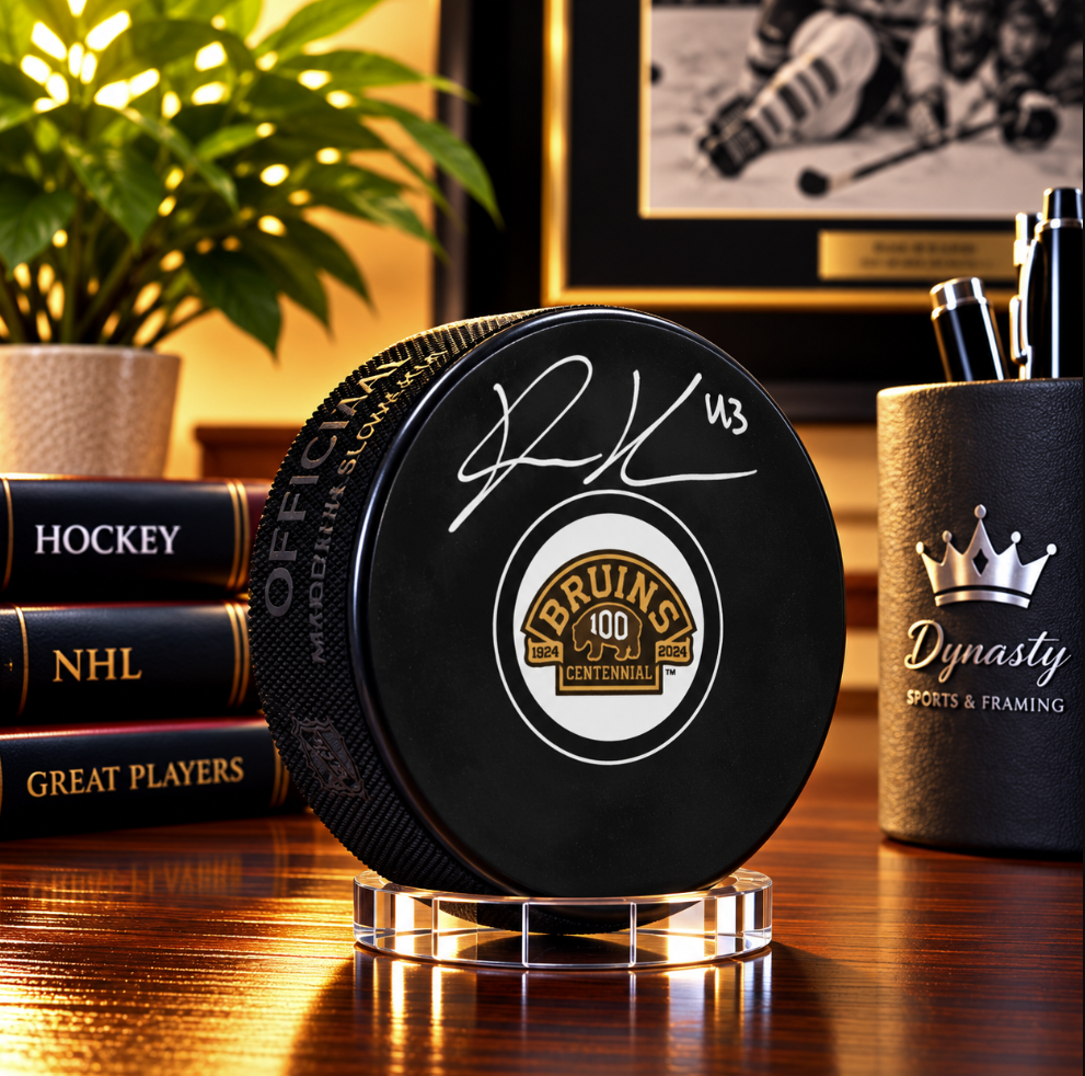 Danton Heinen Autographed Boston Bruins 100th Anniversary Hockey Logo Puck