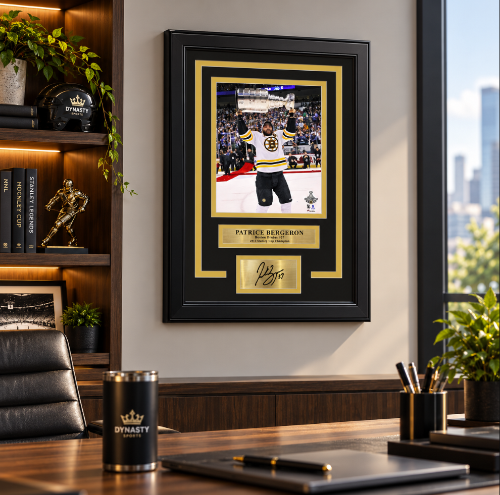 Patrice Bergeron Stanley Cup Trophy Boston Bruins 8x10 Framed Hockey Photo with Engraved Autograph