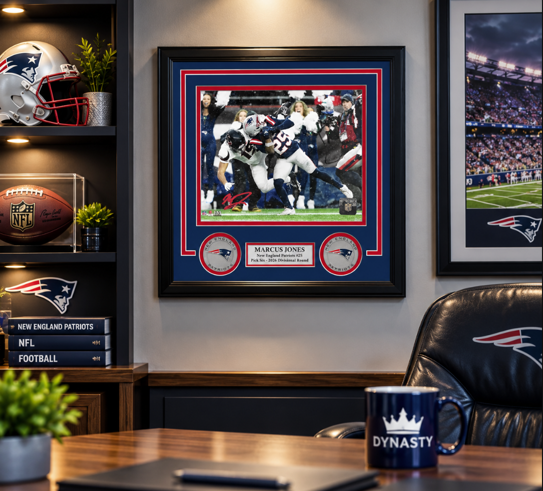 Marcus Jones New England Patriots Signed Pick Six 8" x 10" Framed Photo - Red Signature