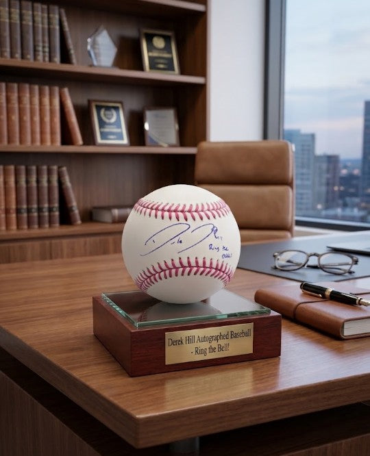 A signed Derek Hill baseball displayed on a wooden pedestal base on a desk in an office setting, with a bookshelf, chair, eyeglasses, and notebook visible in the background.