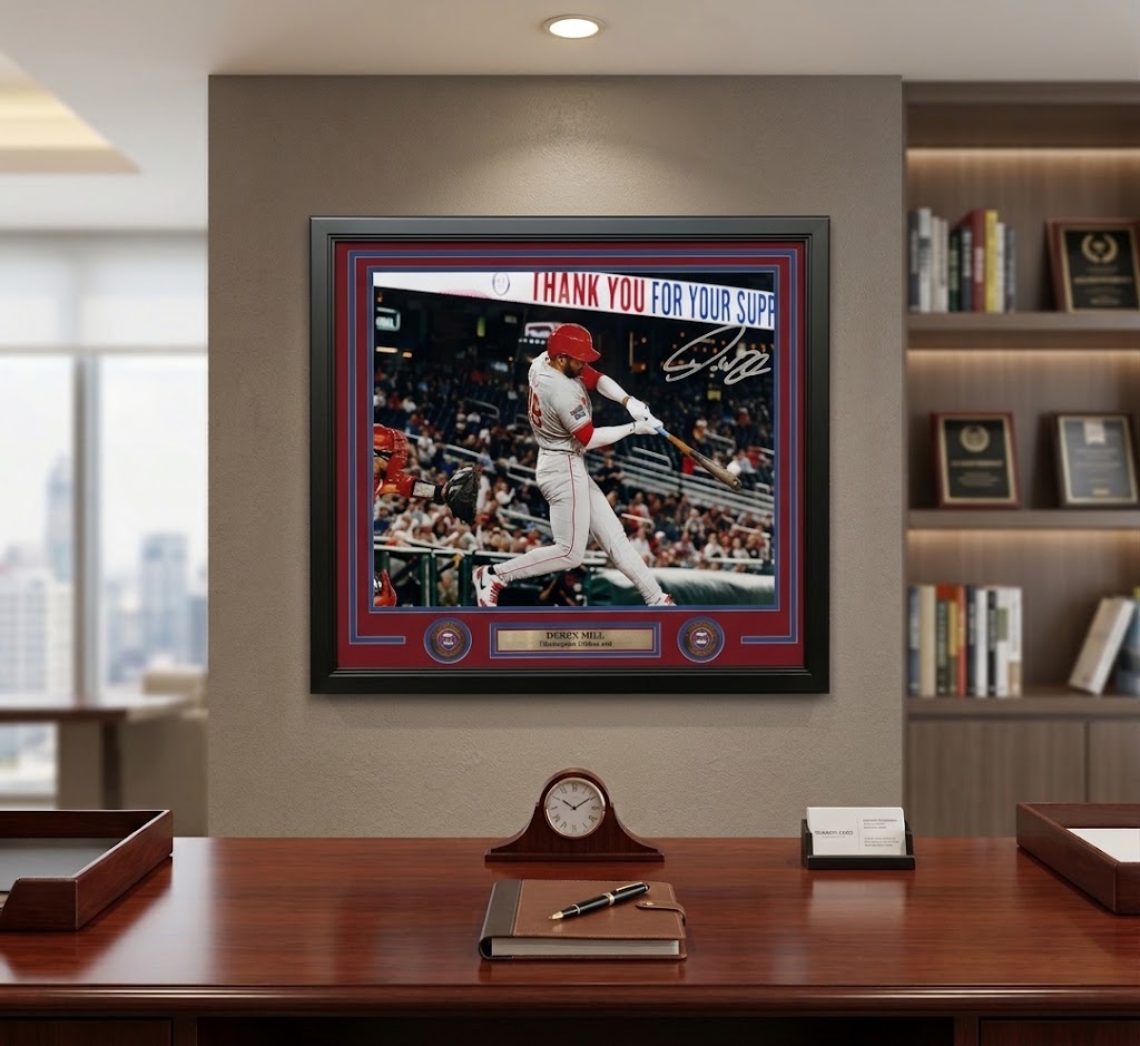 A framed Derek Hill autograph print displayed on a wall in a modern office setting. The print features a black frame, a red and blue mat, and a photo of a baseball player in a white uniform with a red helmet.