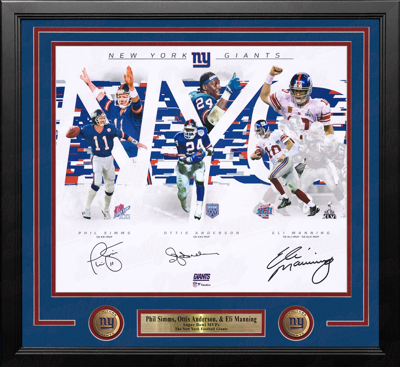 Phil Simms, Ottis Anderson, & Eli Manning Super Bowl MVP NY Giants Autographed 16x20 Framed Photo