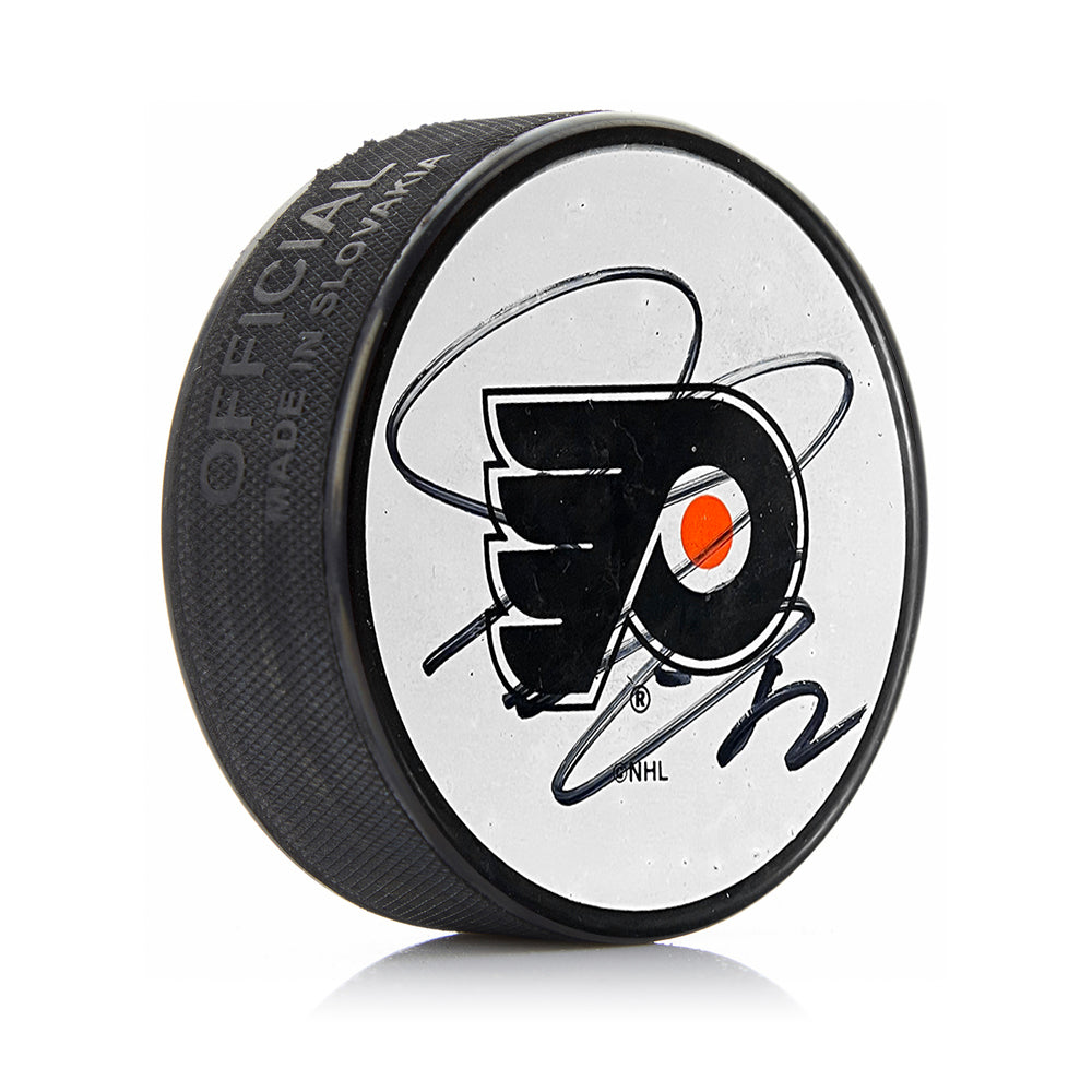 Simon Gagne Philadelphia Flyers Autographed White Hockey Logo Puck