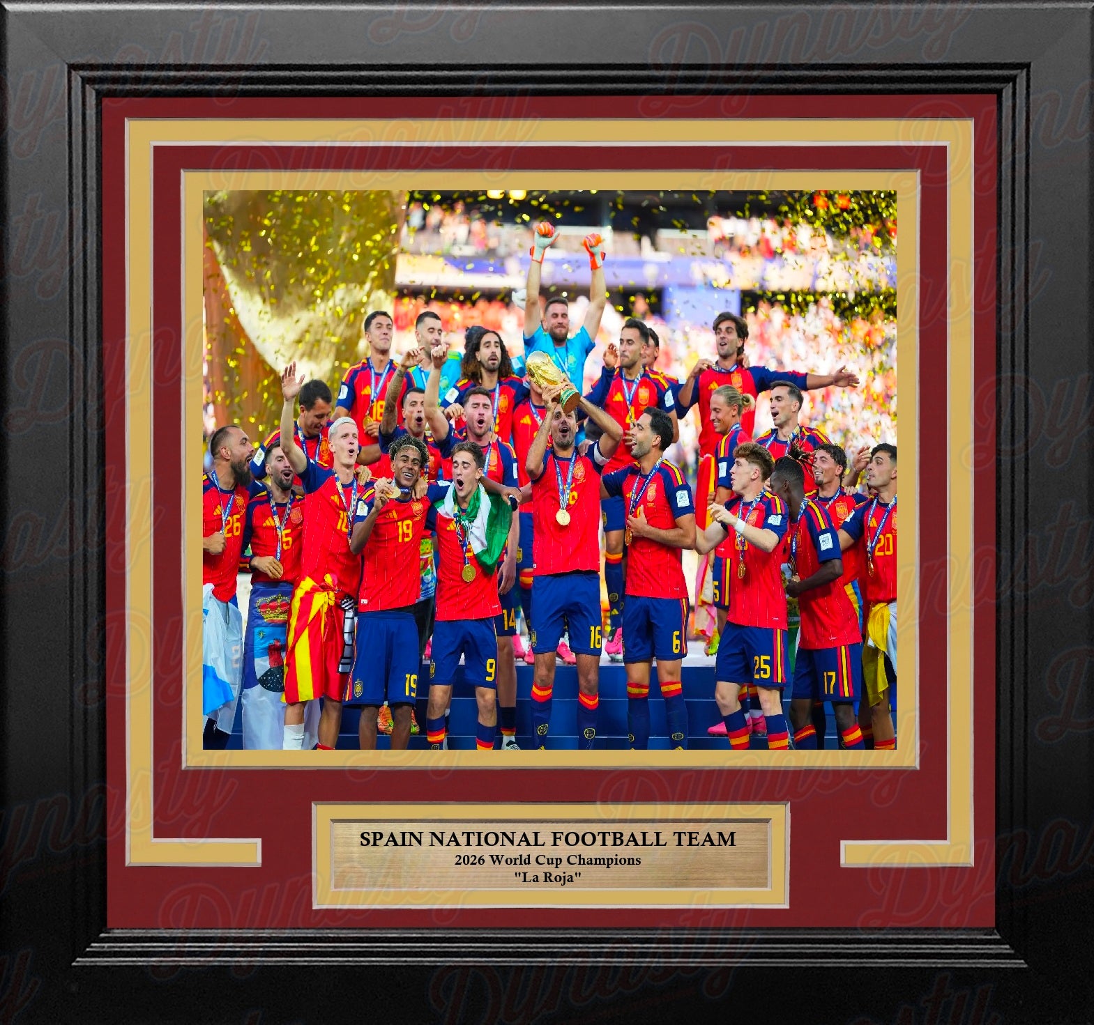 Framed Spain national football team 2022 World Cup Champions photo print with a black frame, red mat, gold inner mat, and a gold plaque at the bottom reading 'SPAIN NATIONAL FOOTBALL TEAM 2022 World Cup Champions "La Roja".