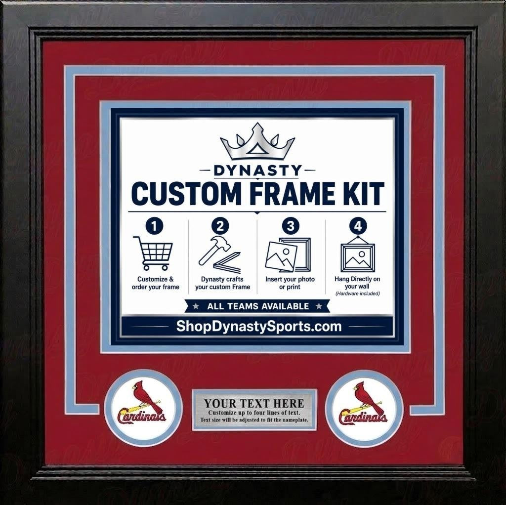 St. Louis Cardinals Custom MLB Baseball Picture Frame Kit with Red Matting, Powder Blue Trim, a Silver Nameplate, and Cardinals logos