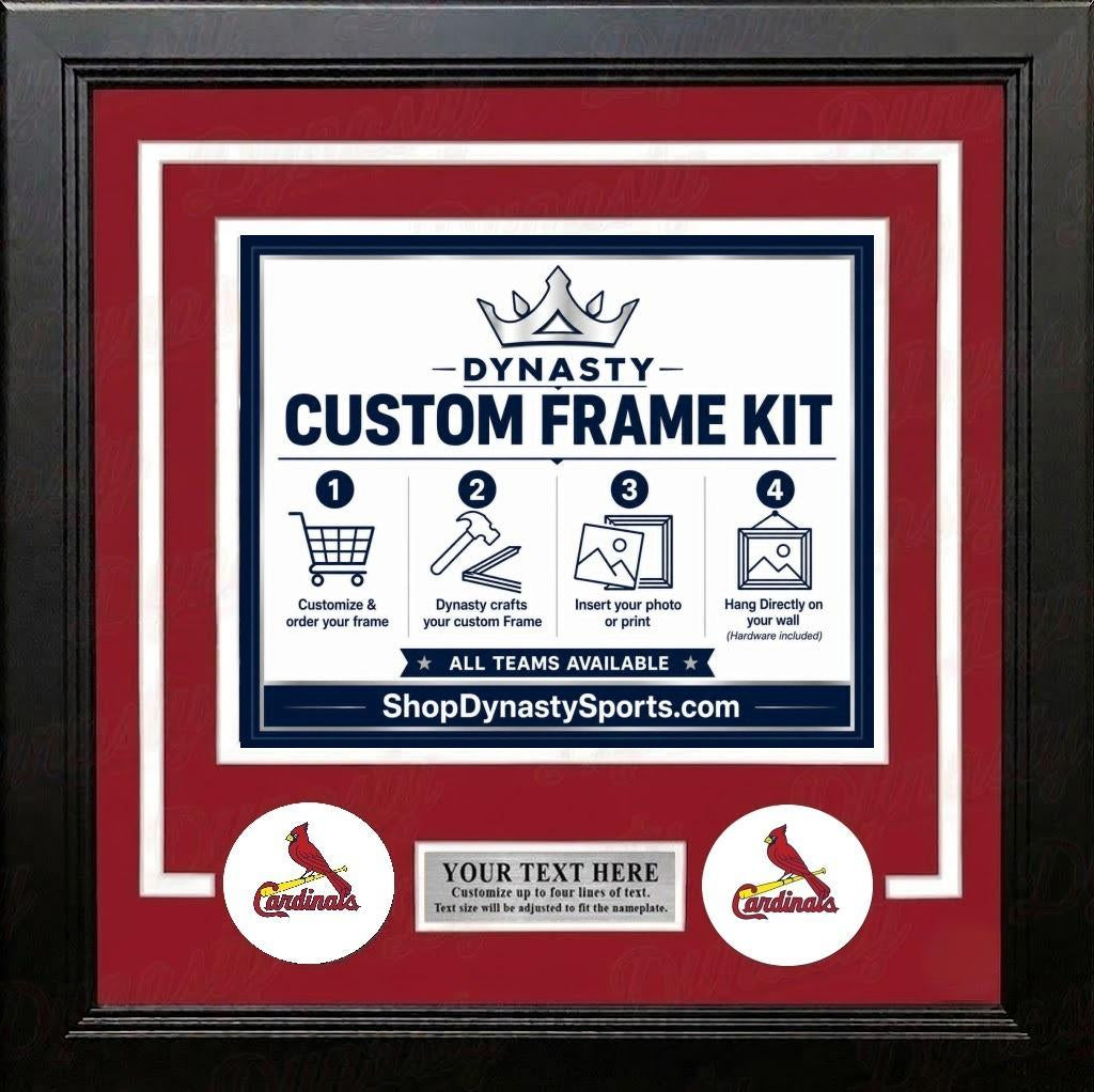 St. Louis Cardinals Custom MLB Baseball Picture Frame Kit with Red Matting, White Trim, a Silver Nameplate, and Cardinals logos