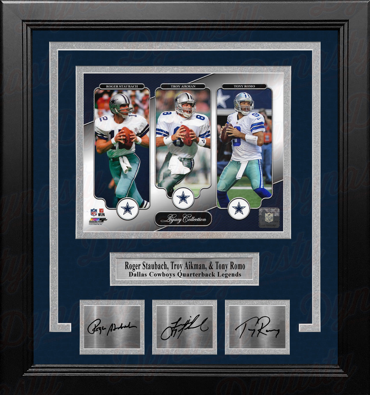 Roger Staubach, Troy Aikman & Tony Romo Dallas Cowboys 8x10 Framed Photo with Engraved Autographs