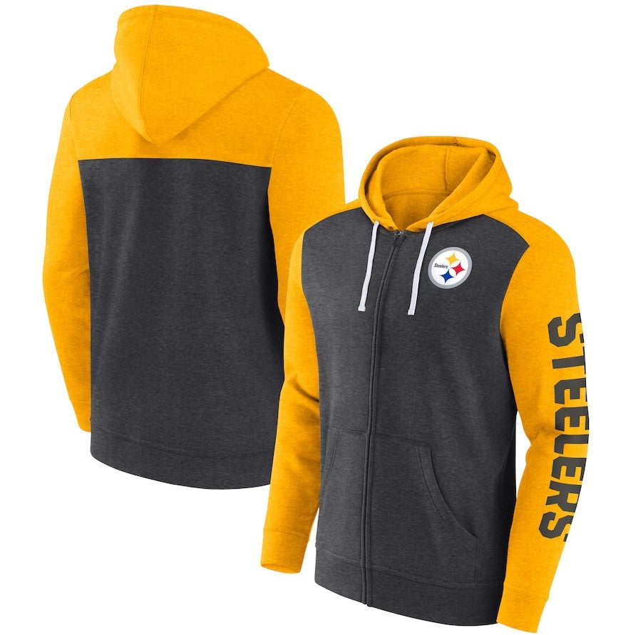 Pittsburgh Steelers Heather Charcoal Down and Distance Full-Zip Hoodie