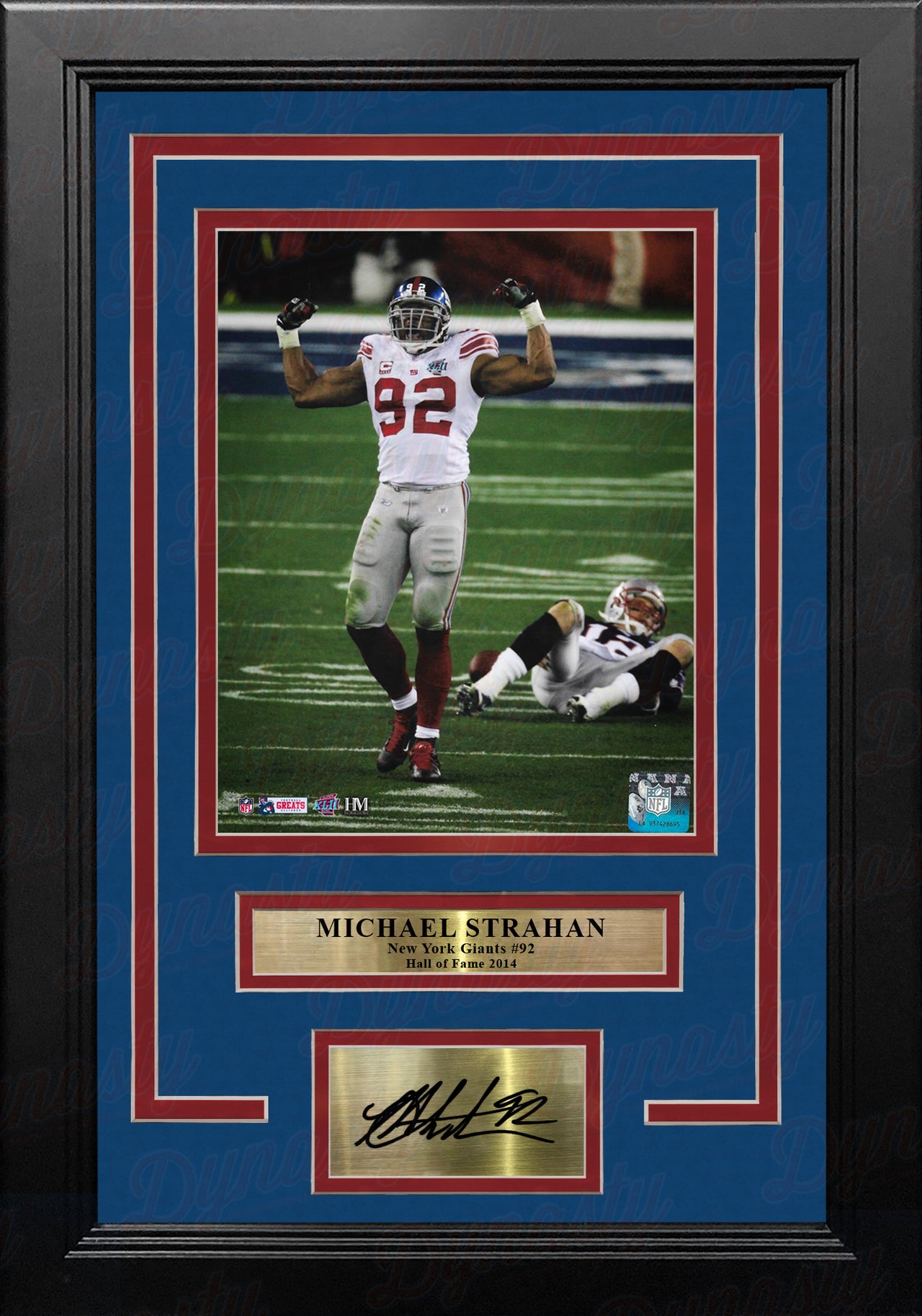 Michael Strahan Over Brady Super Bowl XLII NY Giants 8x10 Framed Photo with Engraved Autograph