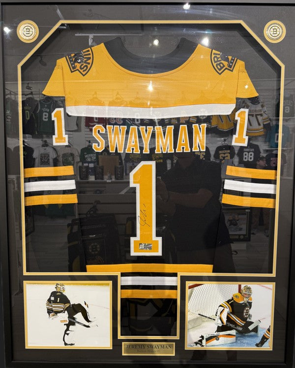 Jeremy Swayman Autographed Boston Bruins Framed Home Breakaway Replica Jersey