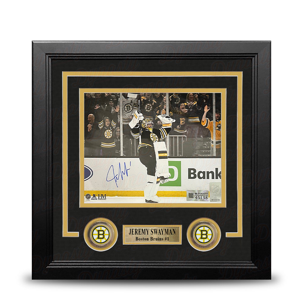 Jeremy Swayman Celebration Boston Bruins Autographed 8" x 10" Framed Hockey Photo