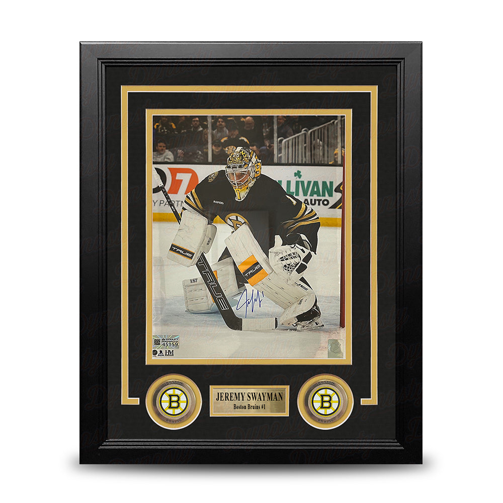 Jeremy Swayman in Goal Boston Bruins Autographed 8" x 10" Framed Hockey Photo