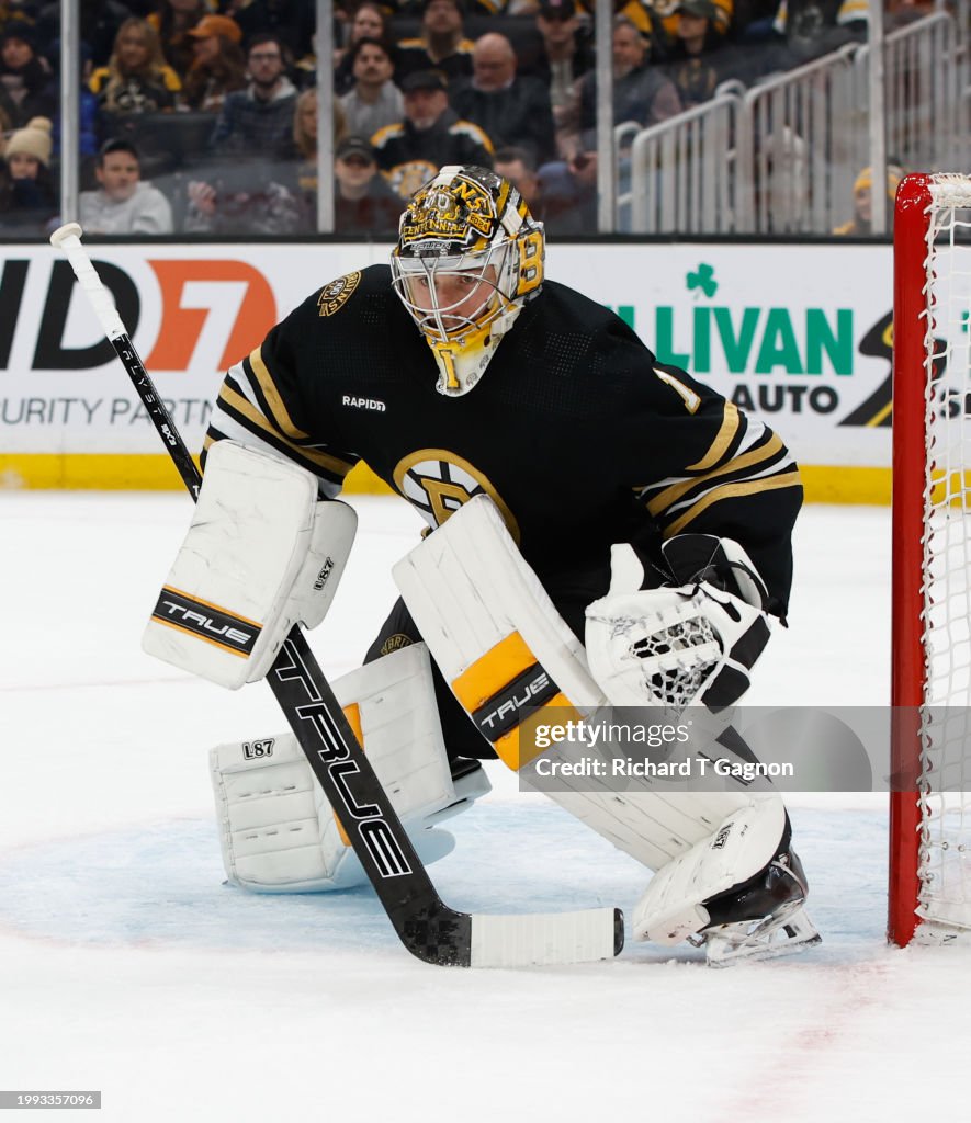 Jeremy Swayman Boston Bruins Goalie In Net NHL Photo